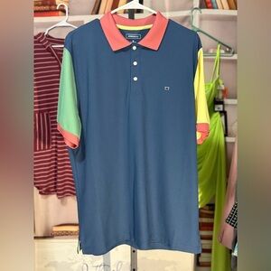 NWOT-Crown & Ivy Men's Blue Polo with Colorful Sleeves